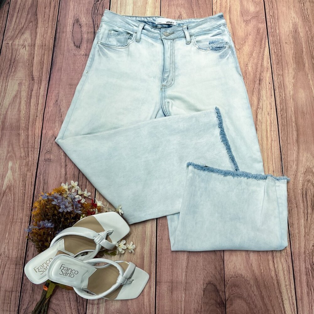 Vervet Wide Leg High Rise Lindsey Vintage Wash Cropped Raw Hem Jeans, Size: 28